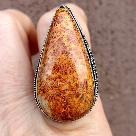New Oversized Coral Fossil 925 Silver Statement Ring. - Picture 8 of 14
